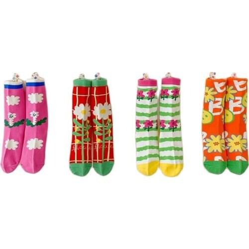 4Pairs 2021 Cute Baby Girls Floral Socks Korean Style Autumn Cotton Sockens Happy Toddler Kids Plaid Socks Skarpetki Dla Dzieci