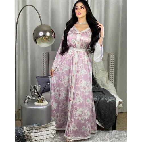 Abayas Women Turkish Floral Printed Lace-up Muslim Dress Ramadan Islamic Clothing Kuftan Dubai Long Robe Big Swing Hijab Dresses