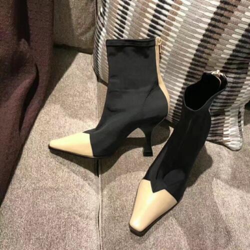 Designer Chic Sheepskin Patchwork Stretch Fabric Womens Ankle Boots Genuine Leather Square Toe Beathable Female High Heels Shoes