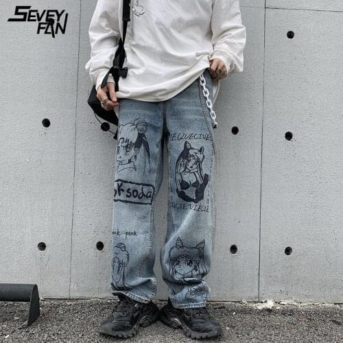 Japan Anime Girl Graffiti Jeans Blue Wide Leg Baggy Hip Hop Blue Denim Pants Fashion Streetwear Skateboard Harajuku Jeans Men