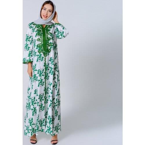 Women Green Print Muslim Maxi Dress India Folk Taping Handmade Emboridery Turkey Hijab 2020 Autumn Abaya Dress Islamic Robe