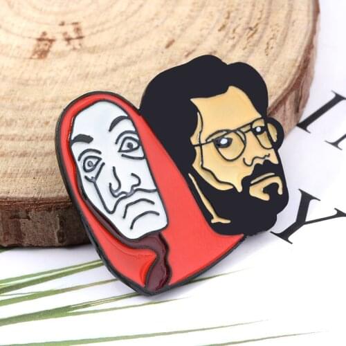 Cartoon Figure Enamel Brooch Spanish Movie Money Heist Pin La Case De Papel Badge Pins Salvador Dali Two-Face Design Metal Jewel