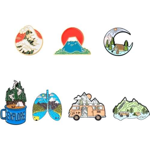 Landscape Painting Enamel Lapel Pins Mountain Forest River Brooches Bag Backpack Badge Gifts for Friends Custom Jewelry