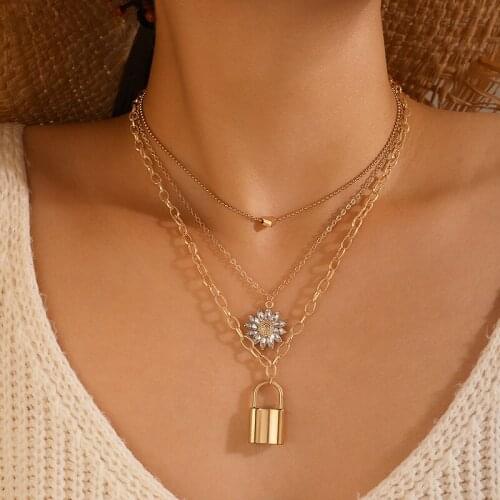 HuaTang Crystal Daisy Pendant Necklace for Women Multilayer Punk Gold Heart Lock Charming Clavicle Chain Choker Female Jewelry