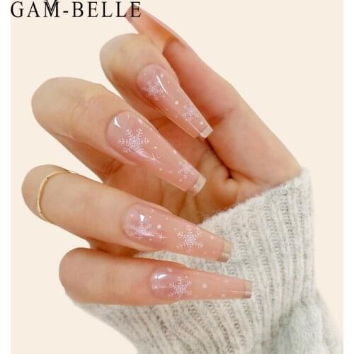 GAM-BELLE Snowflake Pattern Fake Nails Supplies for Professionals Long Coffin Gold Tips Artificial Press On Nails Accesorios