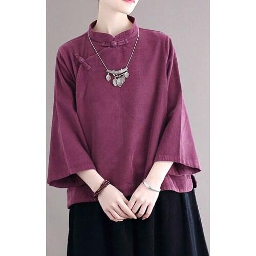 Johnature Women Chinese Style Shirts Purple Blouses Stand Flare Sleeve Tops 2021 Autumn New Vintage Loose Women Shirts And Tops