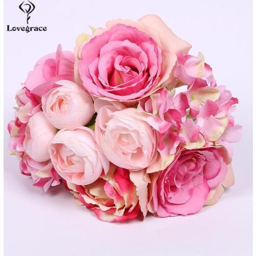 Lovegrace Wedding Bouquet Roses Peony Bridesmaids Bridal Bouquet White Pink Flowers Artificial Home Decoration Marriage Bouquets