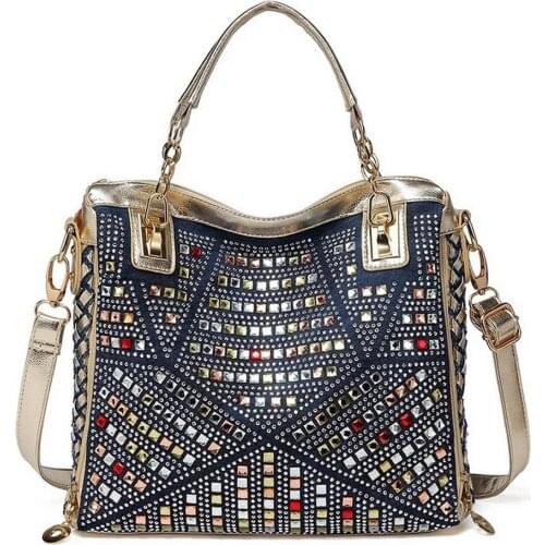 Fashion Trendy Luxury 2021 Denim Shoulder Tote Diamond Purse Elegant Handmade Weave Pu Leather Casual HandBags For Woman