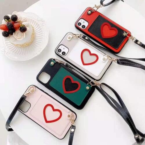 Fashion Heart Card Bag Wallet Leather Long Lanyard Phone Case For iPhone 7 7plus 8 8Plus 11pro 11 12 Mini Pro X XR XS Max
