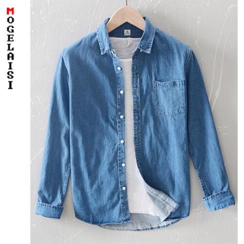 Casual Denim shirt men new spring Comfortable thin solid tops for men clothing long sleeve soft high quality shirts 3XL 5042