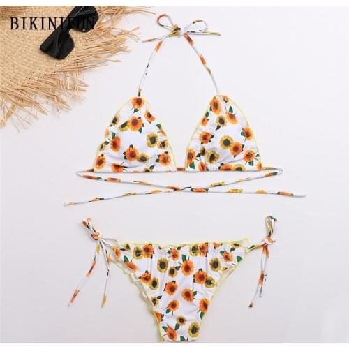 2020 New Sexy Sunflower Print Swimwear Women Triangle Bralette Swimsuit Backless Halter Beachwear S-L Girl Side Tied Bikini Set