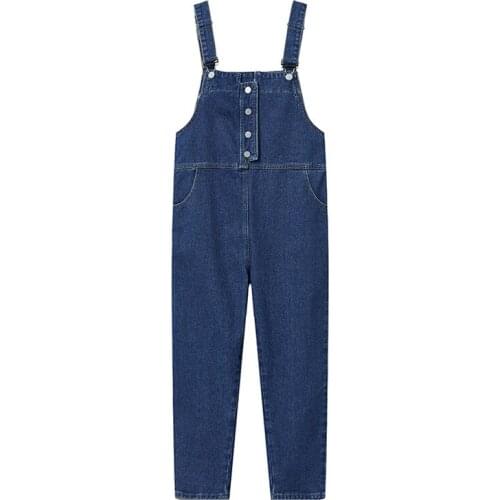 New Autumn Jeans Women Casual Loose Overalls Vintage Washed Large Pockets Button Jumpsuit Wide Leg Bib Pants Female Rompers