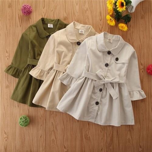 2020 2-7Y Cool Girls Autumn Dress Kids Baby Army Green Long Sleeve Pocket A-line Dress With Belt 3 Colors Toddler Girls Dress