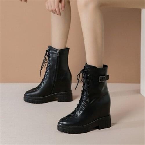 PXELENA Vintage Buckle Women Genuine Leather Punk Rock Gothic Boots Hidden Wedge High Heels Platform Lace Up Combat Ankle Boots