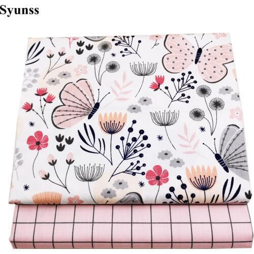 Syunss Pink Butterfly Grid Printed Cotton Fabric DIY Tissue Patchwork Telas Sewing Baby Toy Bedding Quilt Tecido The Cloth Tilda