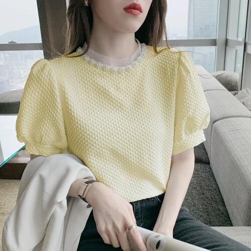 Spot Shirts for Women 2021 Korean Version of The Sweet Bubble Sleeve Top Short-sleeved Dropshipping Beading Blusas Female 0930