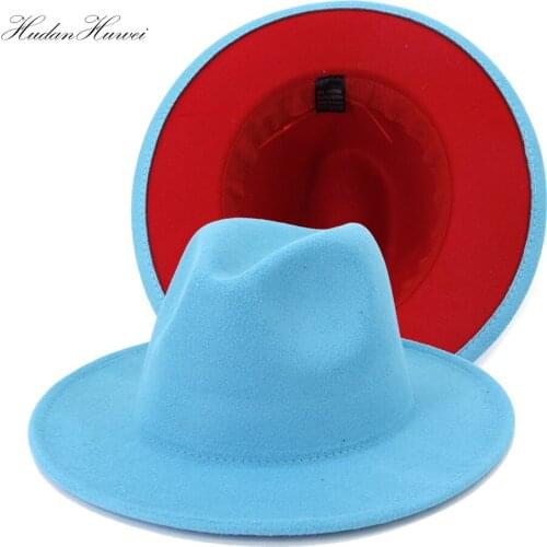 European American Fashion New Jazz Panama Wool Felt Fedora Hat Lake Blue Red Patchwork Spring Autumn Winter Church Party Hat