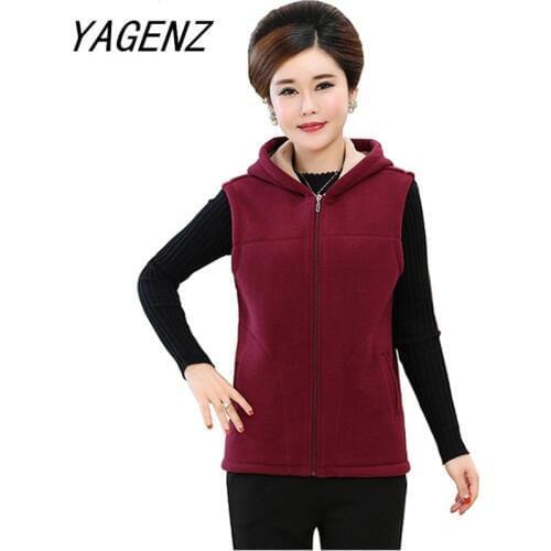 Spring Autumn Polar fleece Women Hooded Vest Jacket Middle-aged Mother Plus size Sleeveless Outerwear Loose Casual Waistcoat
