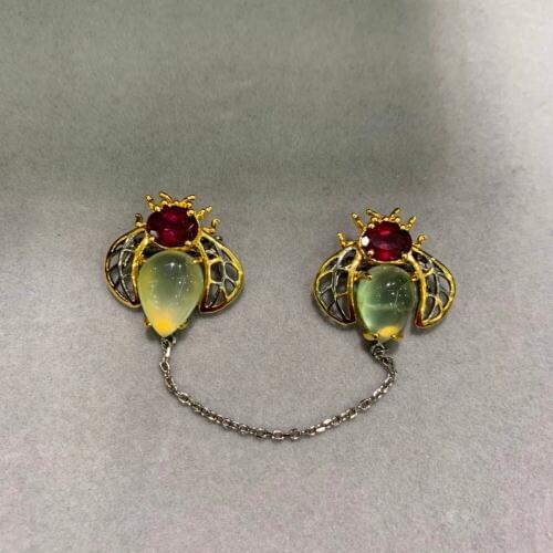 Natural semi-precious stone bee brooch & pendant double use green color 925 sterling silver fine women jewelry cute small