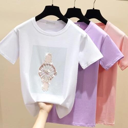 Harajuku 2021 Cotton Tshirt Women Tops Beading Short Sleeve Female T-shirt Casual Tee Shirt Femme Summe Top Pink Purple White