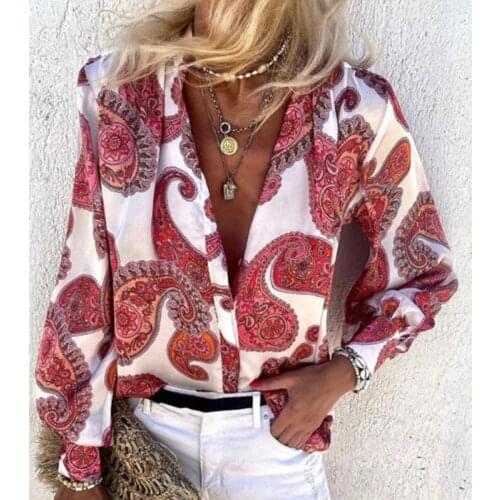 Large Size S-2XL Loose Female Shirt Autumn New Long Sleeve Turn-down Collar Button Up Blue Red Ethnic Print Vintage Women Shirts