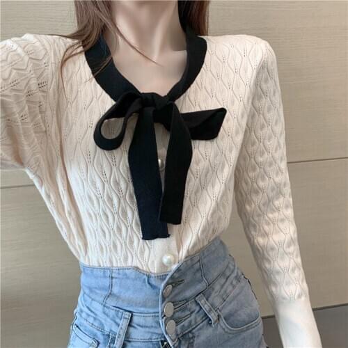 2021 Spring Autumn New Women Knitted Sweater Japan Style Cute Lace Up Bow Long Sleeve Pullover Jumper Ladies Elegant Sweaters