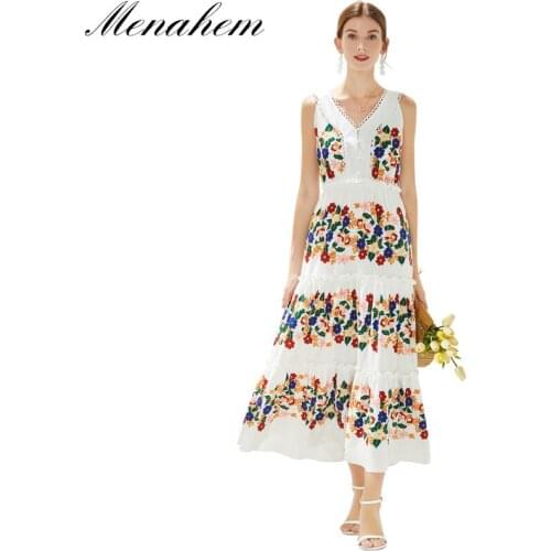 Menahem Bohemain Flower Dress Womens Hollow Out Sleeveless V Neck Tank Ruffles Floral Print Elastic Waist Loose Maxi Vestidos