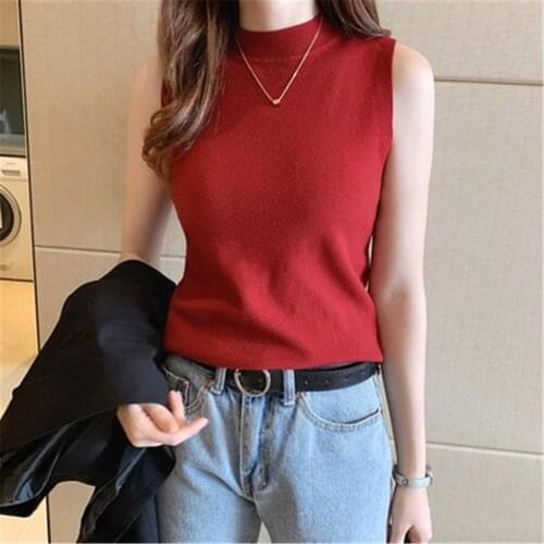 2021 Korean Fashion Women Sweater Vest Knitted T-shirt Womens Turtleneck Autumn Loose Slip Plus Size Sleeveless Top Vest ZY5873