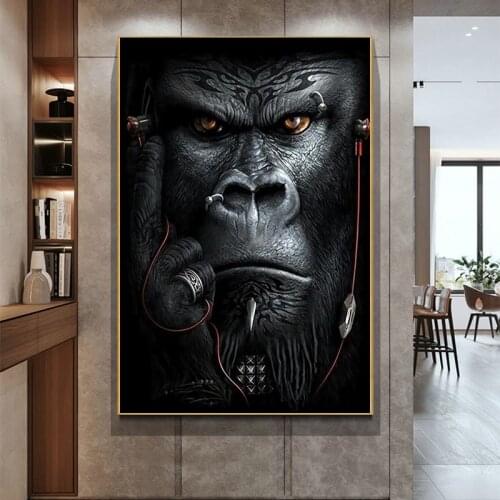 Abstract Animals Apes and Monkeys Listening To Music Canvas Paintings Wall Art Posters and Prints Nordic Picture Home Decoration