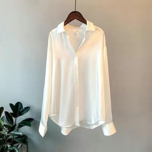 Satin Summer Casual Button Shirt Women Chiffon Shirt Long Solid Color Shirt Ladies Loose Design Korean Ladie Long Sleeved Shirts