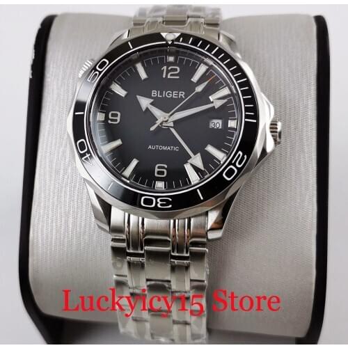 BLIGER Stainless Steel Men Watch Sapphire Glass Mental Band GMT Hand Automatic Movement