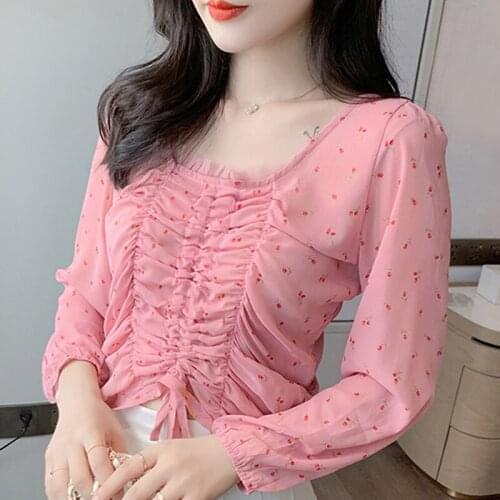 Blouse Women 2021 Women Blouses Long Sleeve Women Shirts Tops Pink Print Chiffon Blouse Shirt Blusa Blusas Camisas Mujer D40