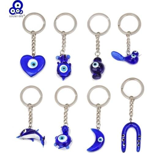 LUCKY EYE Heart Moon Tortoise Blue Turkish Evil Eye Keychain Car Keyring Alloy Silver Color Key Chain Holder for Women Men BE02