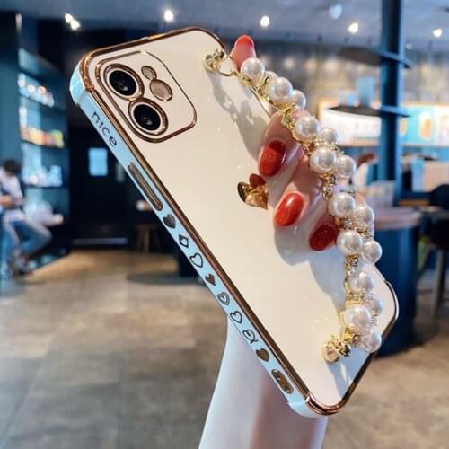 Loving Plating Case For iPhone 11 12 Pro Max Mini XR XS Max 7 8 Plus SE2 Case Side Frame Silicone Pearl Bracelet Wristband Cover