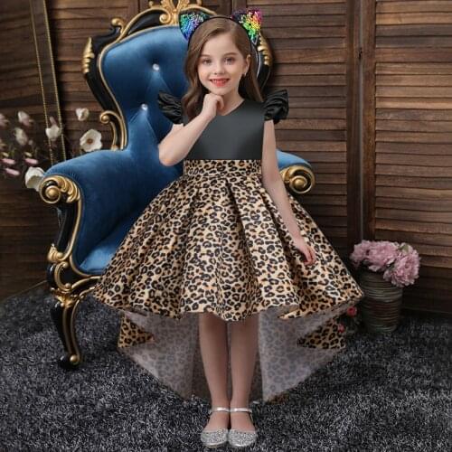 Kids Clothes Autumn New Ins Leopard Printing V-neck Childrens Tail Princess Dresses For Girls Stitching Elegant Evening Dresses