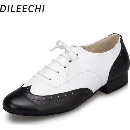 DILEECHI Male genuine leather Latin dance shoes soft outsole 2.5cm black and white real leather Ballroom dancing shoes