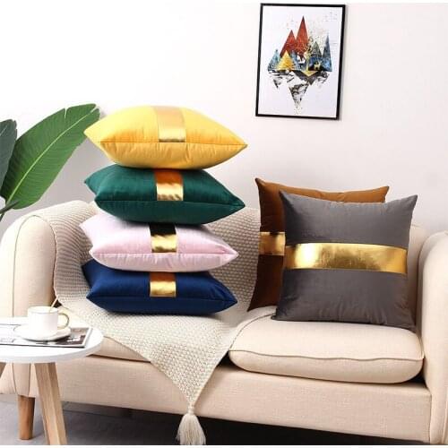 Home Velvet Fabric Gold Stripe Stitching Pillowcover Living Room Decorative Throw Cushion Cover Office Sofa Pillowcase 40834