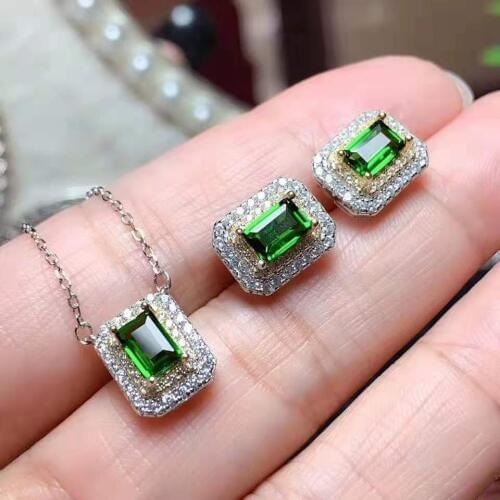 Natural Diopside Square Gem S925 Earring Pendant Necklace Set Fine Fashion Weddings Jewelry for Women Free Shipping MeibaPJFS