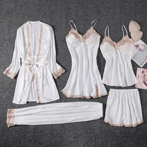 FZSLCYIYI Women Pajamas 5 Pcs Satin Lace Trim Sleepwear Pijama Silk Homewear Home Clothing Sleep Lounge Pyjama with Chest Pads