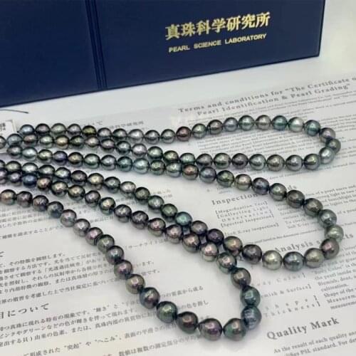 HENGSHENG Pearl Necklaces Fine Jewelry AA8-9mm Rice-Shape Tahiti Natural-Ocean Peacock Green Screw Thread Pearls Female Necklace