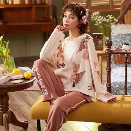 Soft Cotton Womens Pajamas Set Long Sleeve Night Suits for Women Cartoon Loungewear Autumn Sleepwear Girls Pijama Home Clothes