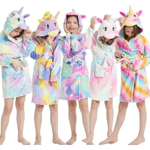 Kigurumi Unicorn Animal Girls Sleepwear Onesie Pajamas Childrens Bathrobes Flannel Hooded Towel Robes Kids Dressing Gowns