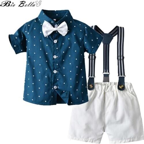 Summer Boy Clothes Set Gentleman Baby Kids Boys Short Sleeve Blue Shirt Sart Printed Tops+Suspender Pant 2pcs Bow Tie Decor Sets