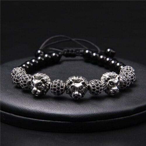 Fashion Lion Head Men Braided Bracelet Natural Onyx Beads Bracelet Round Micro Pave CZ Ball Beads Charm Woven Bracelet Jewelry