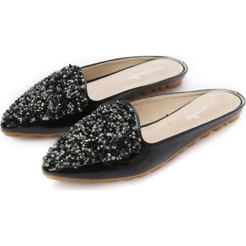 Size 43 Crystal Flat Slippers Women Pointed Toe Bling Rhinestone Mules Shoes Women European Brand Slides Ladies Slippers