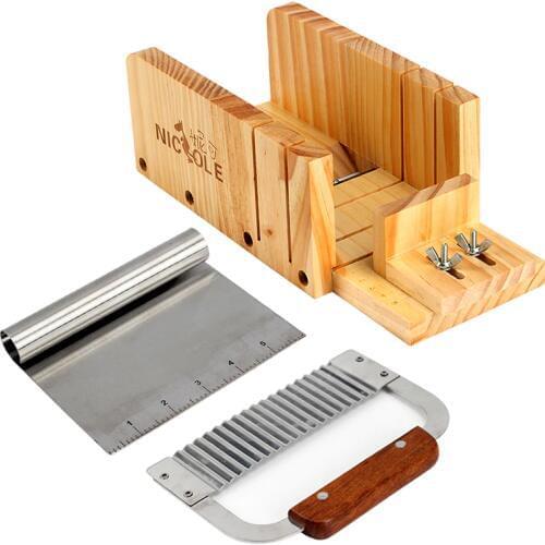 Nicole Soap Cutter Tool Set-3 Adjustable Wood Loaf Cutting Box with Stainless Steel Wavy & Straight Blade for Handmade