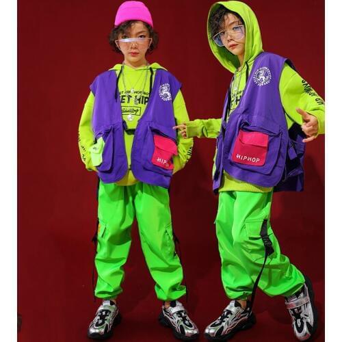 New ChildrenS Hip Hop Dance Costume Kids Stage Wear Suit Hiphop Fluorescent Green Pants Long-Sleeved Jazz Fashion Costume BI037