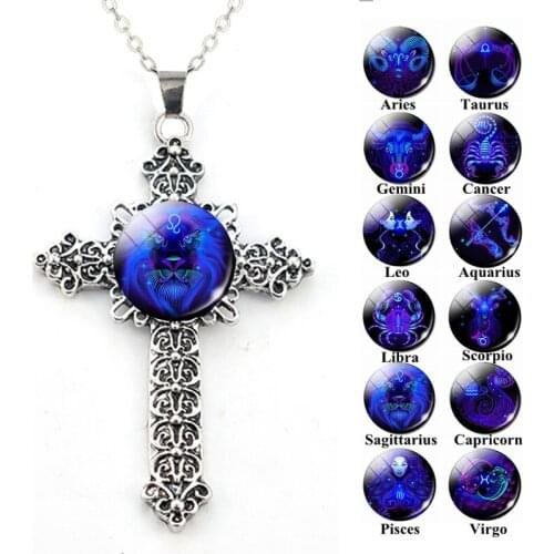12 Constellation Silver Color Cross Necklace Zodiac Pendant Necklace Astrology Jewelry Men Women Birthday Gifts 2020 Fashion