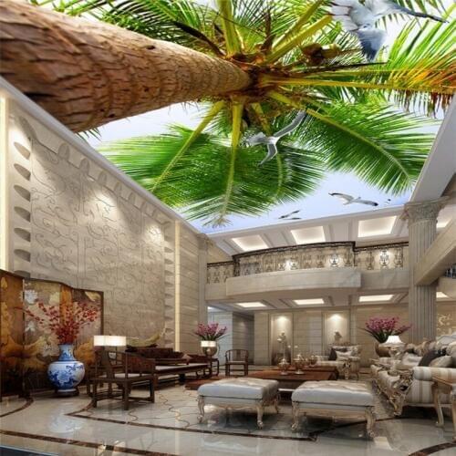 Beibehang Custom ceiling 3d wallpaper mural blue sky coconut tree seagull living room bedroom ceiling zenith mural 3d wallpaper