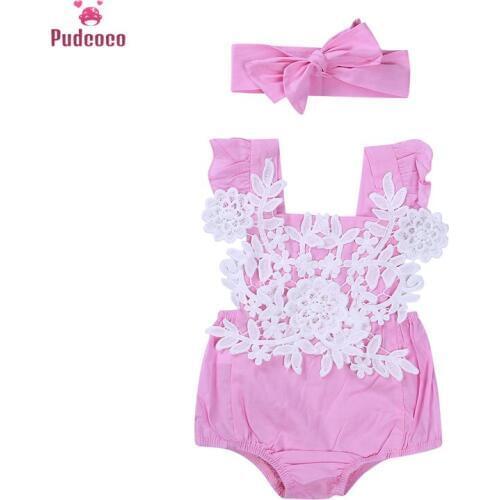 Pudcoco 2020 Summer Toddler Baby Girl Clothes Cute Pink Lace Flower Baby Rompers + Bow Headband Outfits Cotton Clothing 0-18M